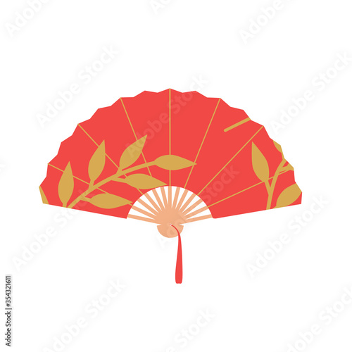 Asian fan. Red hand traditional fan isolated on white background. Paper folding painting vector fan