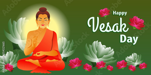 Happy Vesak Day or Buddha Purnima greeting with typography. Peaceful illustration with lotus flower. Beautiful festive design for website and social media post.