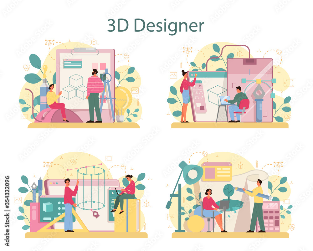 Designer 3D modeling concept set. Digital drawing with electronic