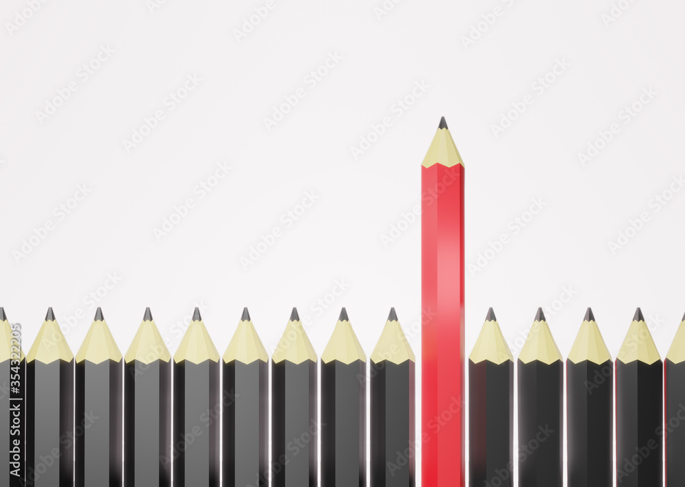 3d rendering Standing out from the crowd, and being an individual and different concept. Red pencil standing out above other pencils showing elitism and leadership.