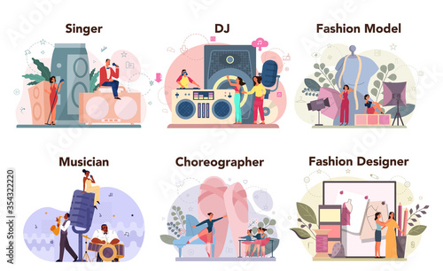 Creative occupation set. Fashion designer and dj at work, dancer