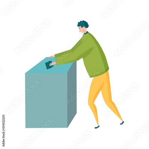 Housekeeper cleaning table with cloth in yellow pants and green sweater.