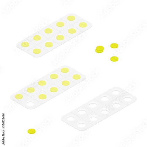 Packaging for drugs: painkillers, antibiotics, vitamins and aspirin tablets. Set of blisters icons with pills.