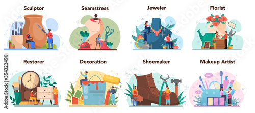 Crafting occupation set. Florist and sculptor, restorer and make up