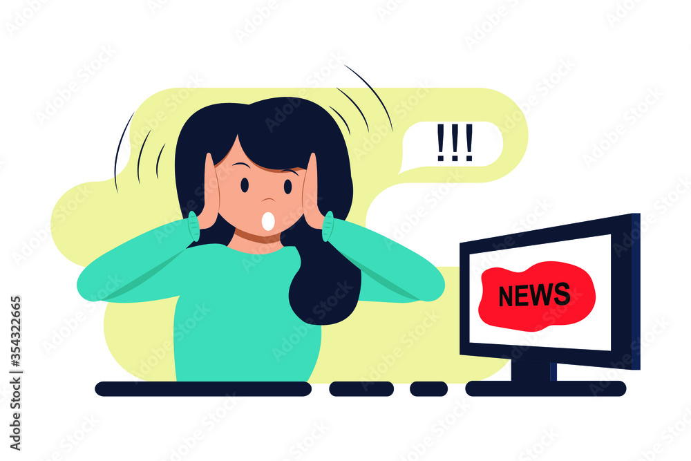 Woman watching news on TV, computer. Shock content, fake news, lies or gossip on television. Emotion of surprise, stress, shock. Vector illustration in flat style, cartoon style Woman watching news on TV, computer. Shock content, fake news, lies or gossip on television. Emotion of surprise, stress, shock. Vector illustration in flat style, cartoon style