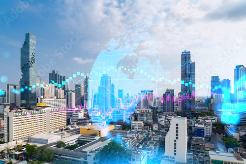 Canvas Print Forex and stock market chart hologram over panorama city view of Bangkok, the financial center in Asia