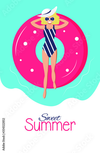 Happy smiling young woman character relaxing, lying and swimming on inflatable mattress in sea.  Summer time season, holiday vacation concept. Vector illustration in flat style, cartoon style