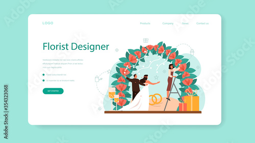 Florists decorating wedding arch with roses web banner