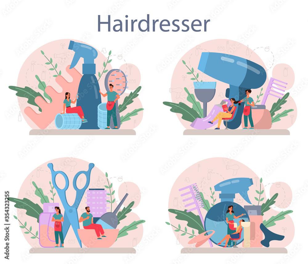 Obraz premium Hairdresser concept set. Idea of hair care in salon. Scissors and brush