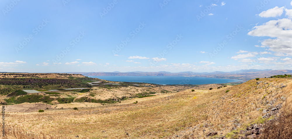 Panoramic  view from a hill located on the Golan Heights in northern Israel on the Sea of Galilee