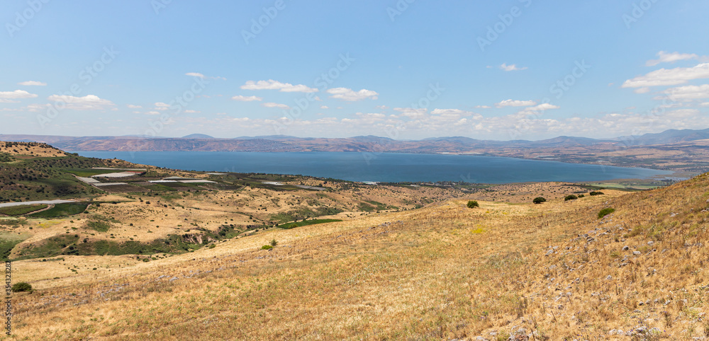 Panoramic  view from a hill located on the Golan Heights in northern Israel on the Sea of Galilee