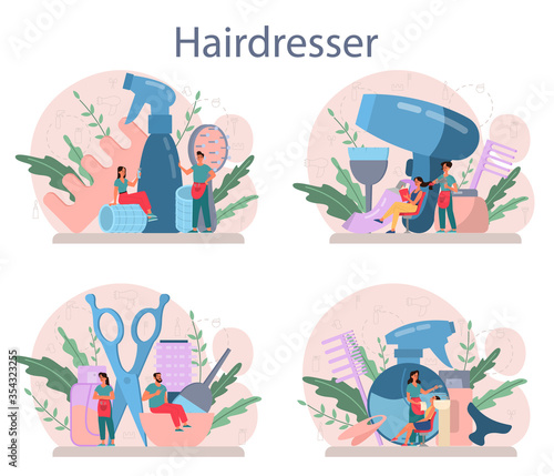 Hairdresser concept set. Idea of hair care in salon. Scissors and brush