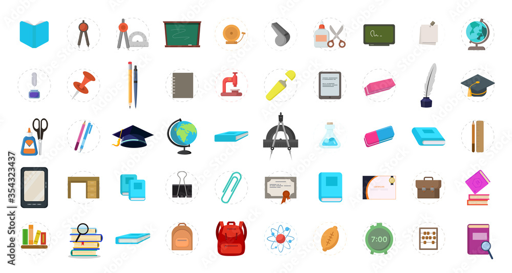 School and Education Flat Icon set with graduation cap, book, pencil, pen, eraser, blackboard School and Education Flat Icon set with graduation cap, book, pencil, pen, eraser, blackboard
