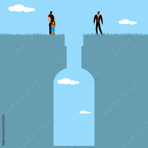 Alcoholism. Alcohol and a Family. Visualization addiction alcoholism. Family. Alcoholism problem. Drunk man. Mother and Child Leaving Drunkard Father. Flat style concept vector illustration