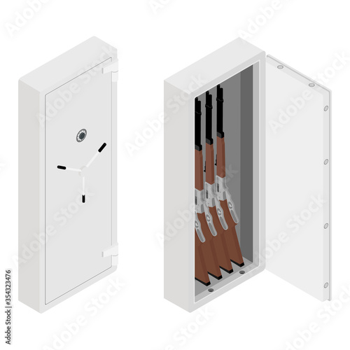Ammunition storage set. Metal safe with rifle gun inside isometric view isolated on white background.