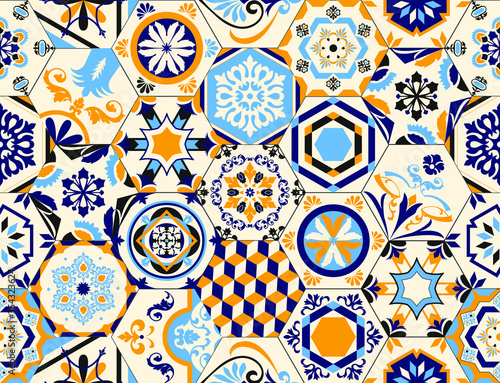 Talavera pattern. Indian patchwork, Turkish ornament. Moroccan mosaic. Ceramic dishes, folk print. Spanish pottery. Antique Moroccan, Portuguese hexagonal tiles. Mediterranean seamless vector.
