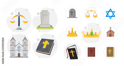 religion flat icon set with holy bible, church, grave, libra