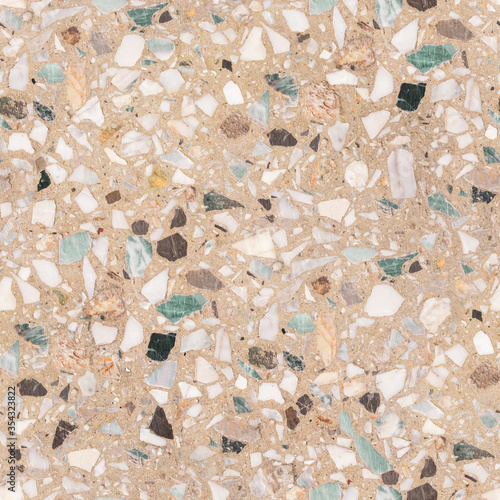 Cool seamless terrazzo pattern of marble-mosaic natural concrete floor. Trendy texture for flooring and facades. Colorful hand made template with beatiful natural stones.