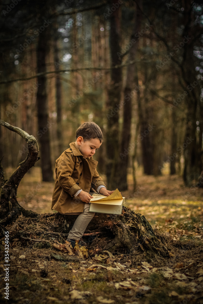 Little cute child is reading in the Forrest Little cute child is reading in the Forrest