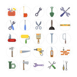 repair tools flat icon set with hammer, wrench and screwdriver, drill, nails, cutter, painting roller, saw, tool box