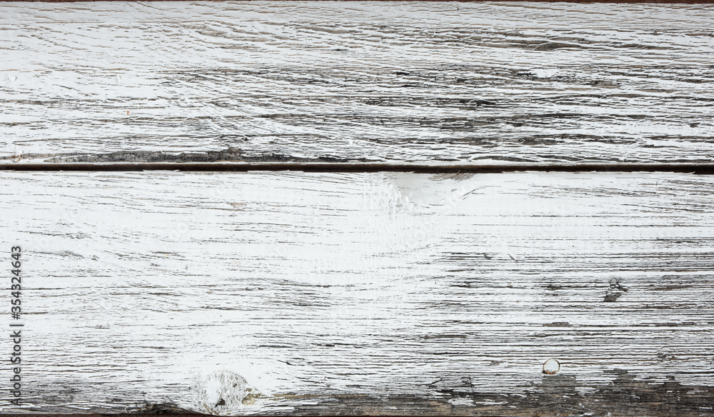 Fototapeta premium Old white rustic wood background. Wooden planks texture with copy space. Shabby wood background with cracks and scratches. 