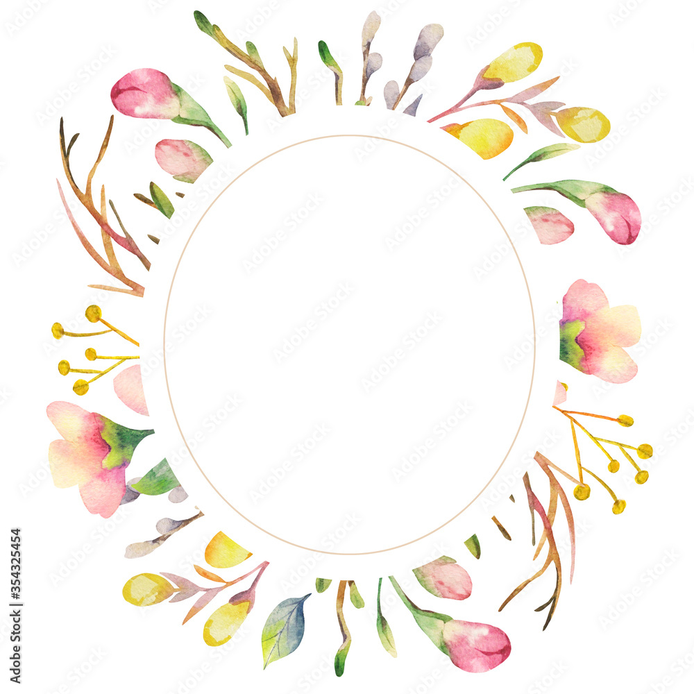 Watercolor card wreath with sprigs with buds and yellow sprigs. Decoration for greeting card, invitation, cover. Watercolor card wreath with sprigs with buds and yellow sprigs. Decoration for greeting card, invitation, cover.