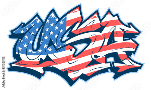 USA lettering in readable graffiti style filled with national flag. Vector banner isolated on white.