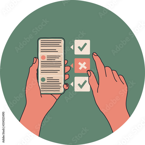 Fake news and fact alerts popping up next to a smartphone while a person or user is browsing the social media feed. Misinformation, lie, scam alert. Simple cartoon style vector illustration