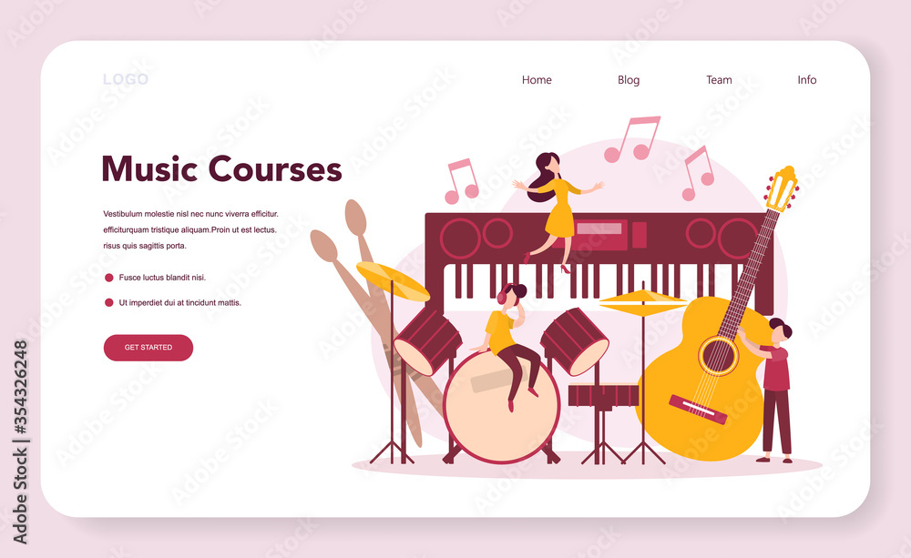 Musician and music course web banner or landing page. Young