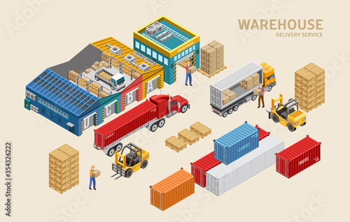 Isometric vector illustration of workers loading freight trucks with packages near cargo containers in depot of delivery service