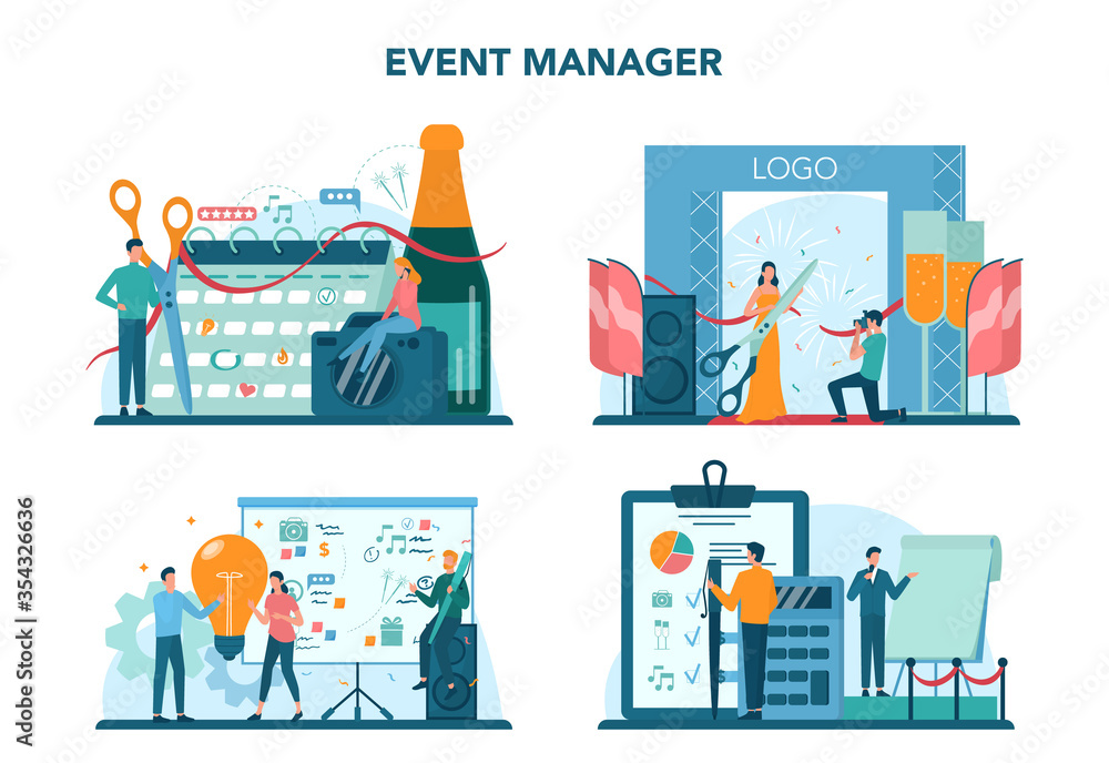 Event manager or service concept set. Celebration or meeting