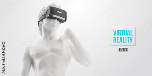 VR headset, future technology concept banner. 3d of the white statue of David, man wearing virtual reality glasses on white background. VR games. Vector illustration. Thanks for watching
