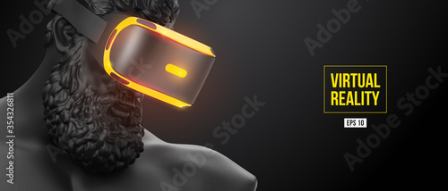 VR headset, future technology concept banner. 3d of the black statue of Hercules, man wearing virtual reality glasses on black background. VR games. Vector illustration. Thanks for watching