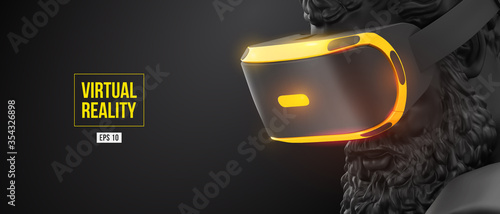 VR headset, future technology concept banner. 3d of the black statue of Hercules, man wearing virtual reality glasses on black background. VR games. Vector illustration. Thanks for watching