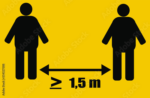 Yellow or orange background banner poster creative graphic design symbol is Social Distancing at least  1.5 metres  black shadow silhouette people body Icon. Vector Image concept.