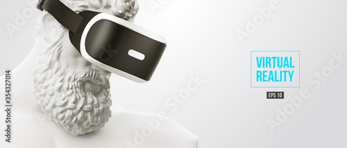 VR headset, future technology concept banner. 3d of the white statue of Hercules, man wearing virtual reality glasses on white background. VR games. Vector illustration. Thanks for watching
