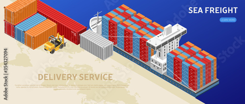 Huge freight vessel with stacks of containers standing in modern cargo port