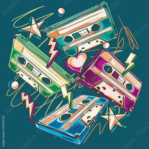 Funky colorful drawn audio cassettes