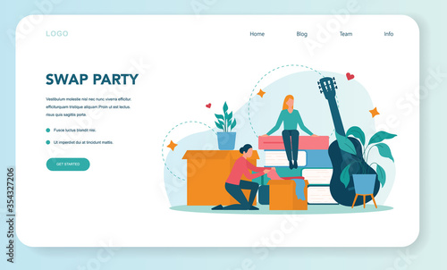 Swap party or flea market web banner or landing page. Clothes