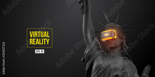 VR headset, future technology concept banner. 3d of the black statue of Liberty, woman wearing virtual reality glasses on black background. VR games. Vector illustration. Thanks for watching