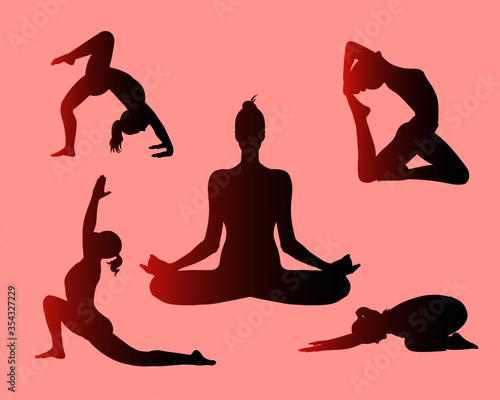 Yoga poses silhouette with beautiful landscape of natural outdoor environment. 21 June international yoga day graphic for website, flyer and social media post.
