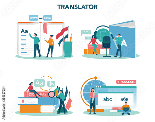 Translator and translation service concept set. Polyglot translating photo