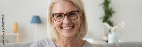 Close up 60s woman in glasses with charming smile sit on sofa look at camera. Video call, virtual interact, older generation and modern tech concept. Horizontal photo banner for website header design