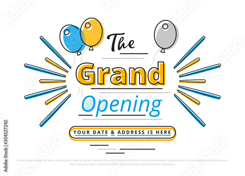 Grand opening. Event flyer template of grand opening celebration ceremony. Opening soon banner design.