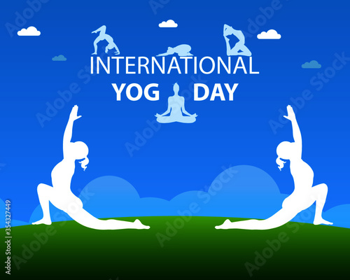 Yoga poses silhouette with beautiful landscape of natural outdoor environment. 21 June international yoga day graphic for website, flyer and social media post.