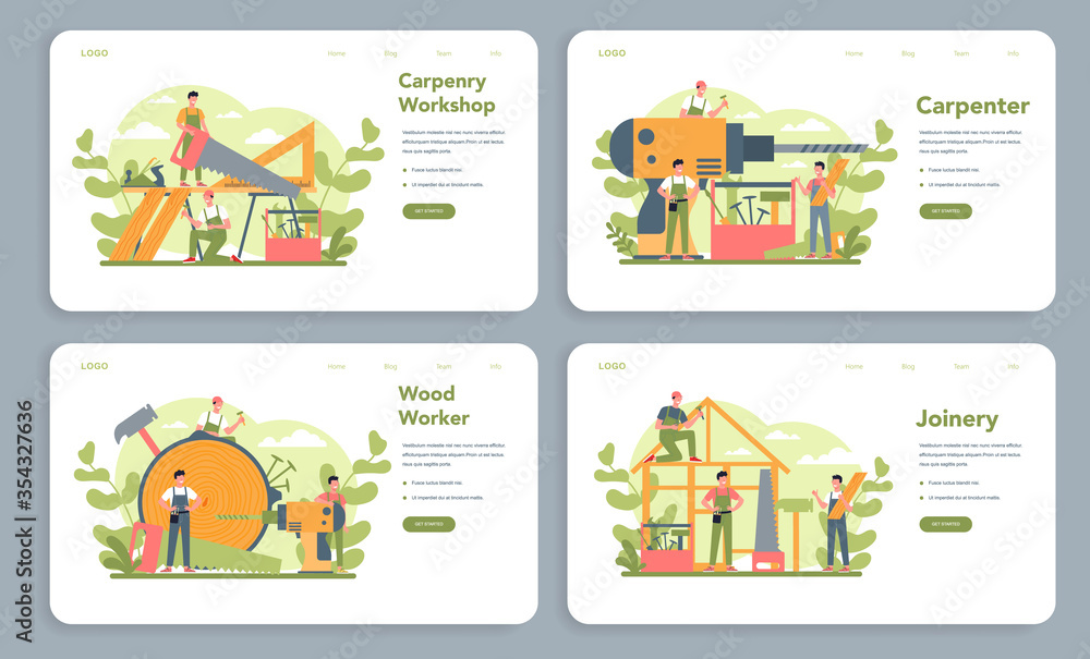 Woodworker or carpenter concept web banner or landing page set. Woodworker or carpenter concept web banner or landing page set.