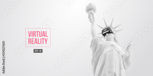 VR headset, future technology concept banner. 3d of the white statue of Liberty, woman wearing virtual reality glasses on white background. VR games. Vector illustration. Thanks for watching
