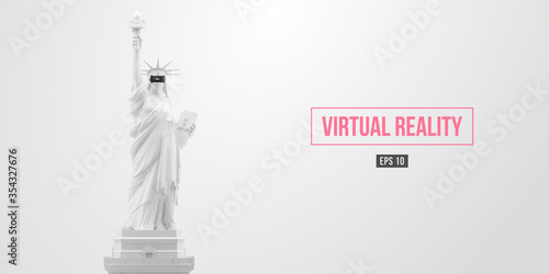 VR headset, future technology concept banner. 3d of the white statue of Liberty, woman wearing virtual reality glasses on white background. VR games. Vector illustration. Thanks for watching