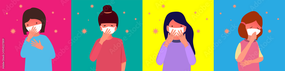 New normal behavior after covid-19, The concept of preventing coronavirus covid-19 infection,Set of woman wearing mask and coughing,Virus germs spread in the air,Cute character,vector illustration New normal behavior after covid-19, The concept of preventing coronavirus covid-19 infection,Set of woman wearing mask and coughing,Virus germs spread in the air,Cute character,vector illustration