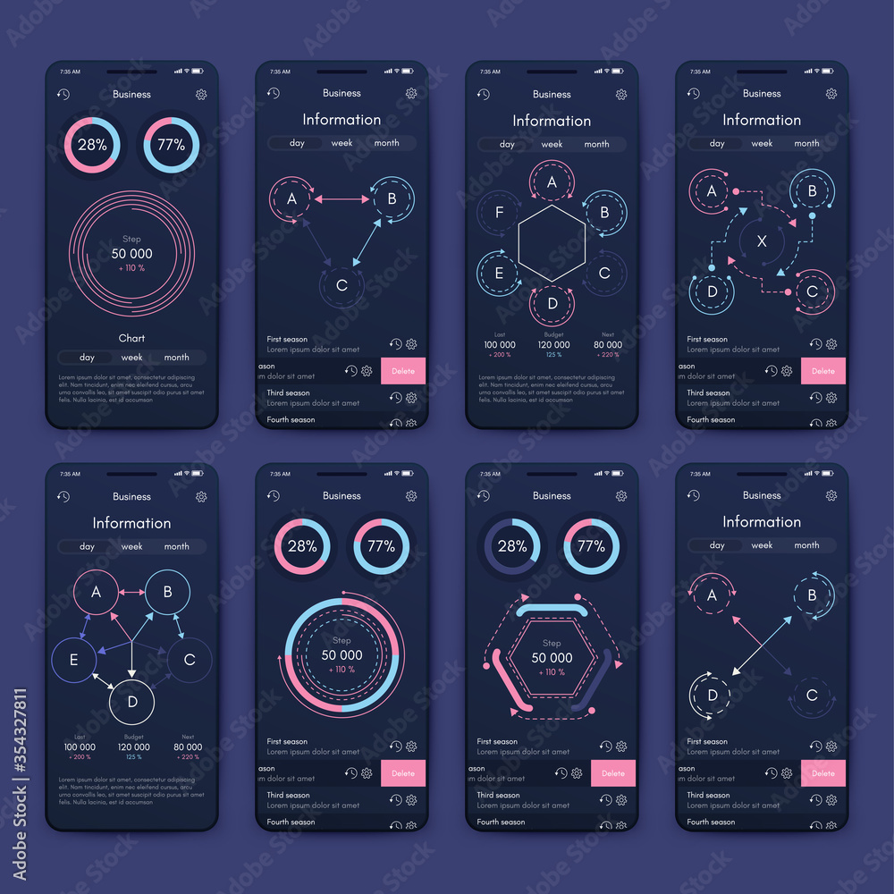 Modern infographic vector elements for business brochures. Use in website, mobile design, advertising and marketing. Pie charts, line graphs, bar graphs and timelines.